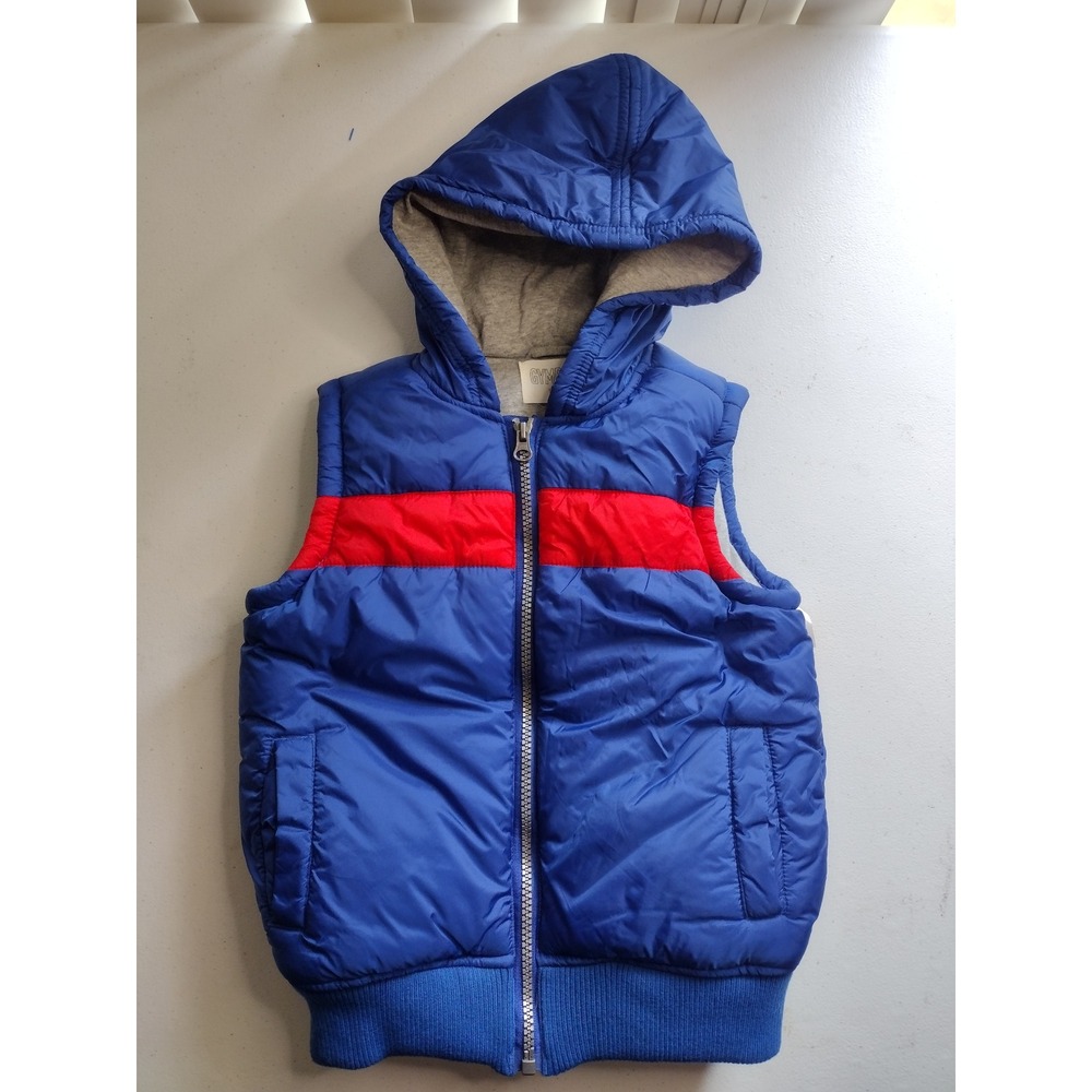Gymboree Kids Puffer Vest XS (4) Blue Red Hooded Sleeveless Zip‎ Up Jacket